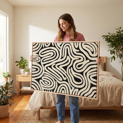 Abstract Line Art Canvas Wall Black Cream Bold Swirl Print