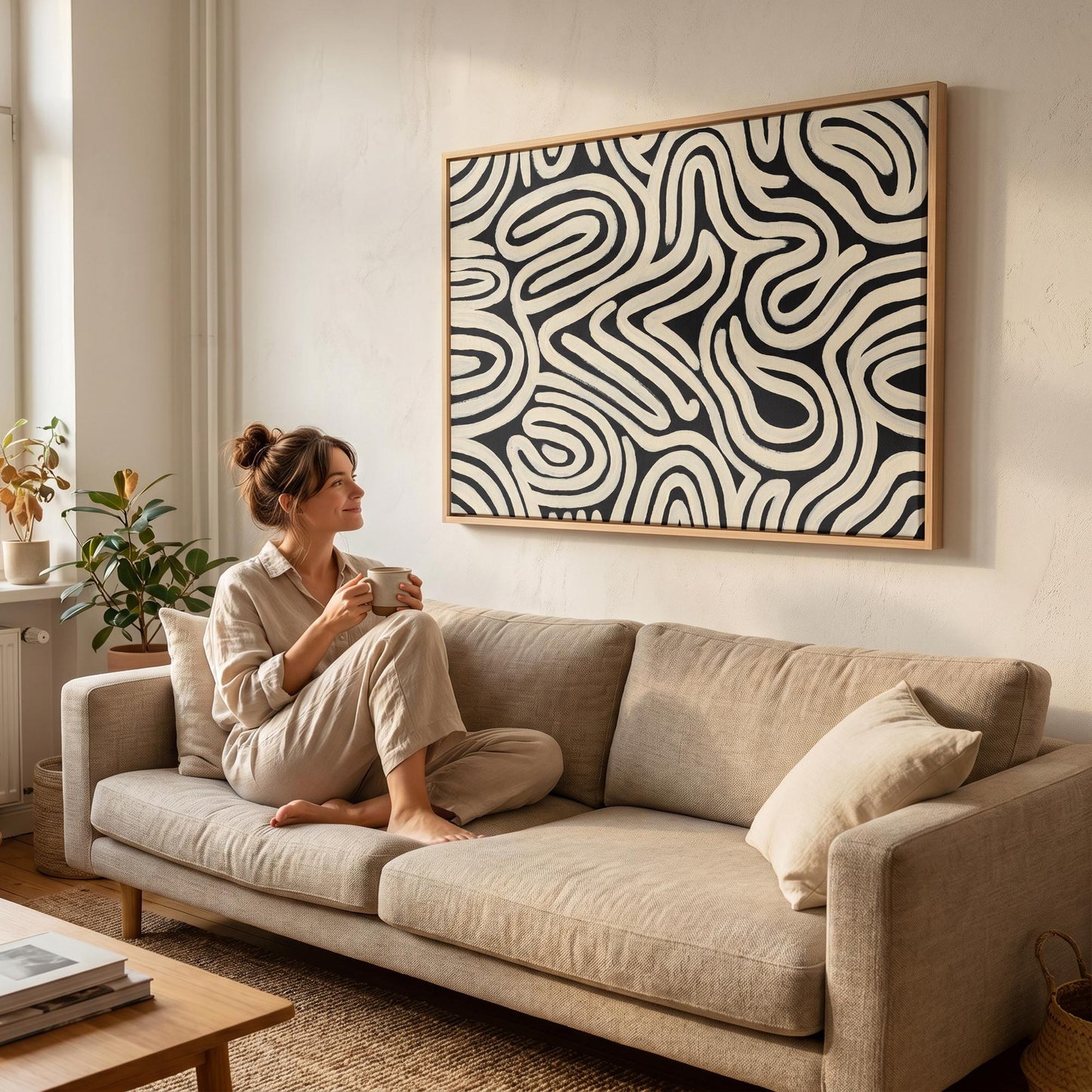Abstract Line Art Canvas Wall Black Cream Bold Swirl Print