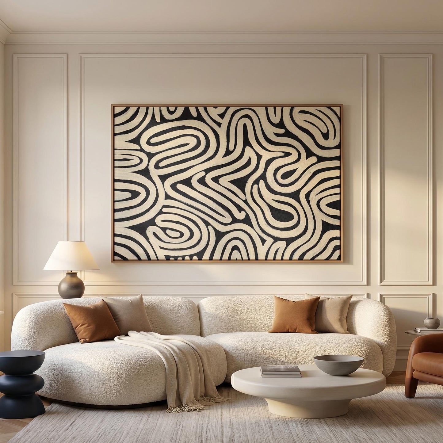 Abstract Line Art Canvas Wall Black Cream Bold Swirl Print