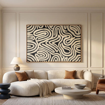 Abstract Line Art Canvas Wall Black Cream Bold Swirl Print