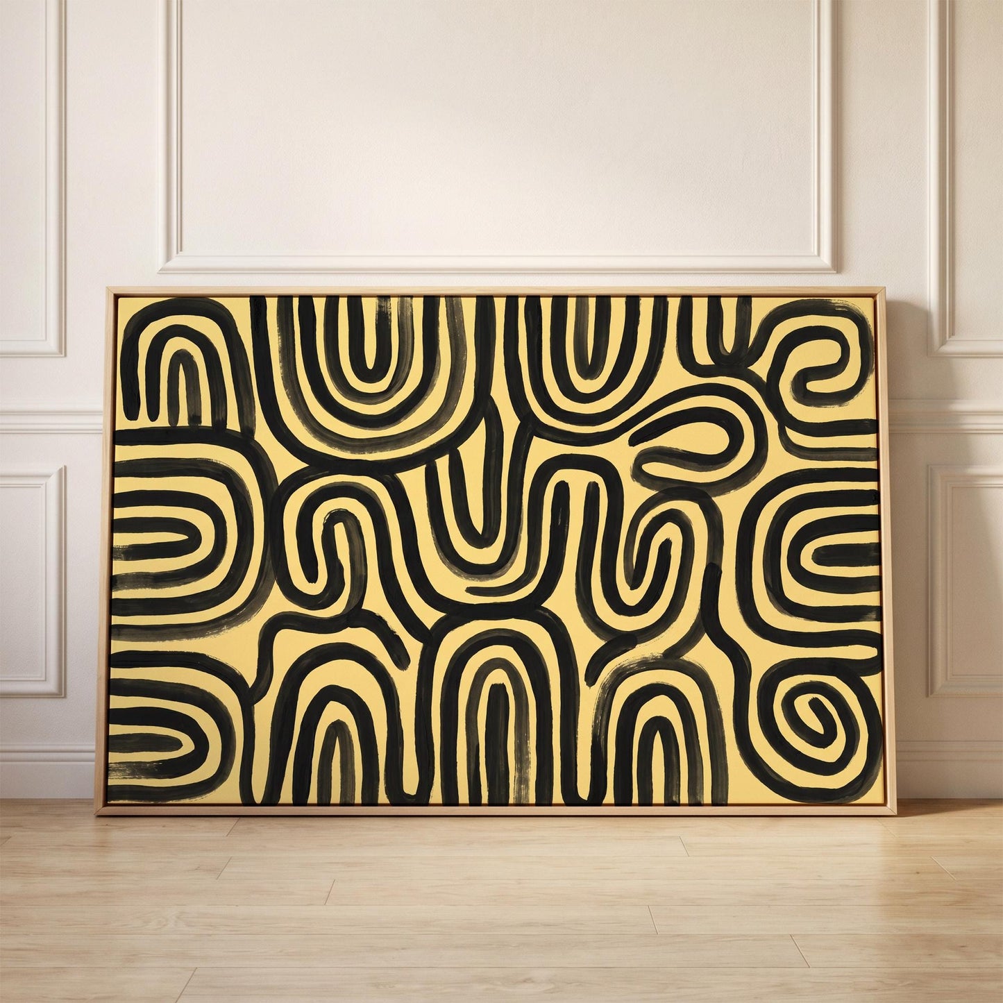 Abstract Line Art Canvas Wall Yellow Black Bold Swirl Print