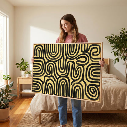 Abstract Line Art Canvas Wall Yellow Black Bold Swirl Print