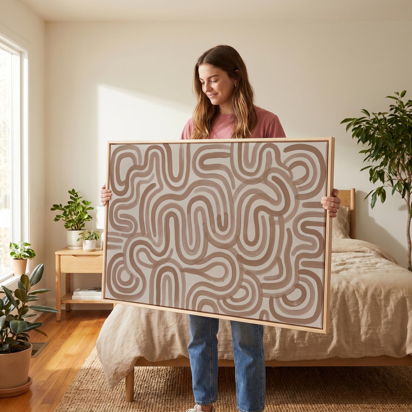 Abstract Line Art Canvas Wall Beige Mocha Brown Minimalist Print