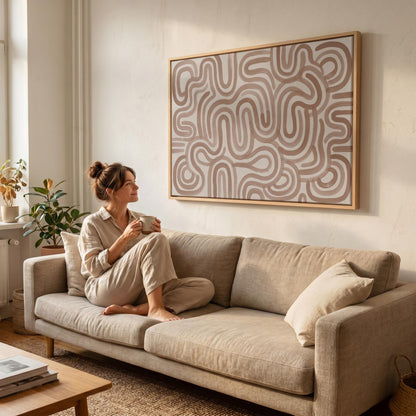 Abstract Line Art Canvas Wall Beige Mocha Brown Minimalist Print