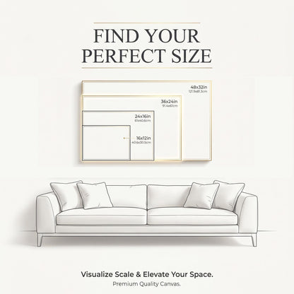 The image is an advertisement for a canvas product that helps visualize scale and elevate space. It features a couch and a painting of a couch, along with size measurements for different canvas sizes.
