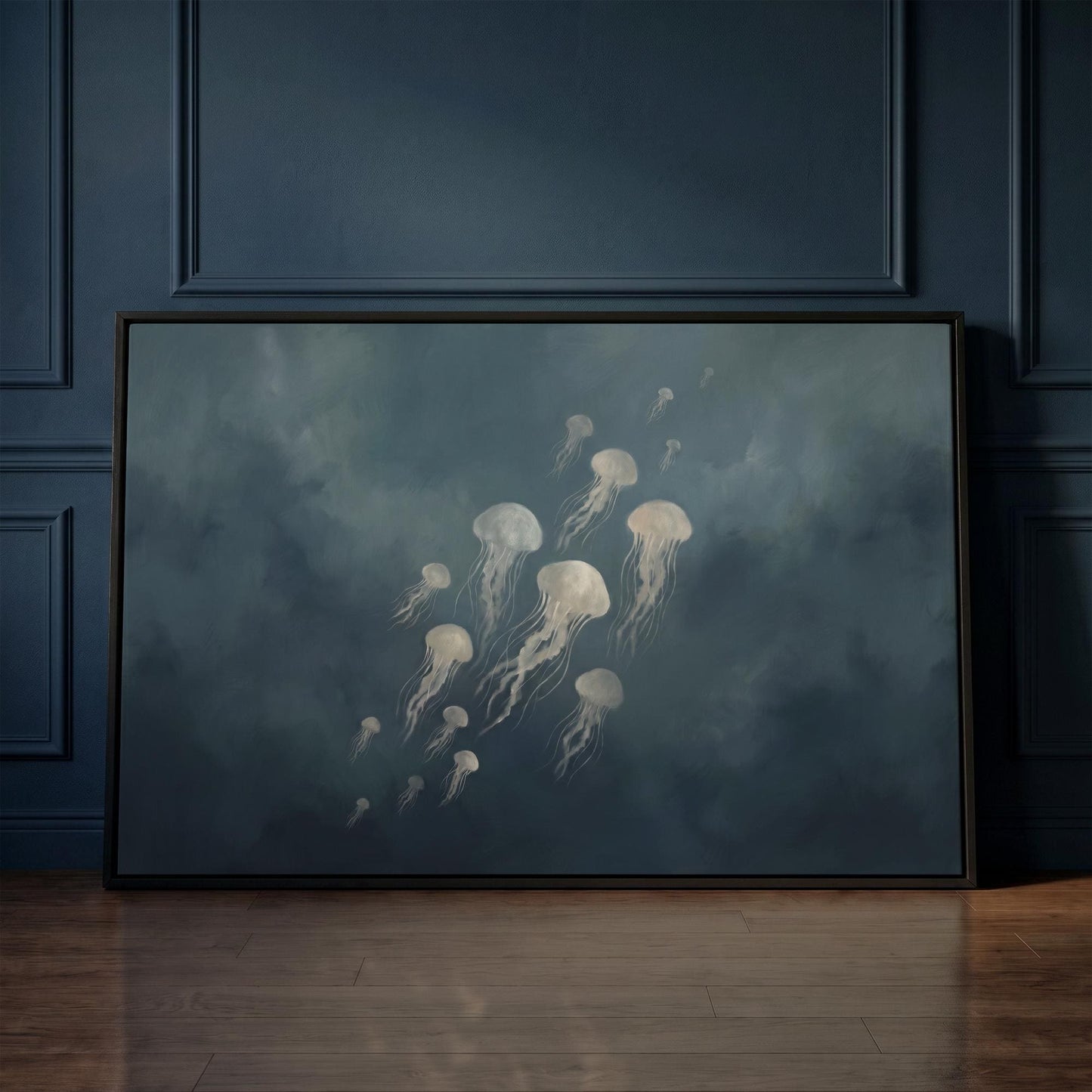 a large painting of jellyfish in the ocean, with a dark blue background and white jellyfish floating in the water.