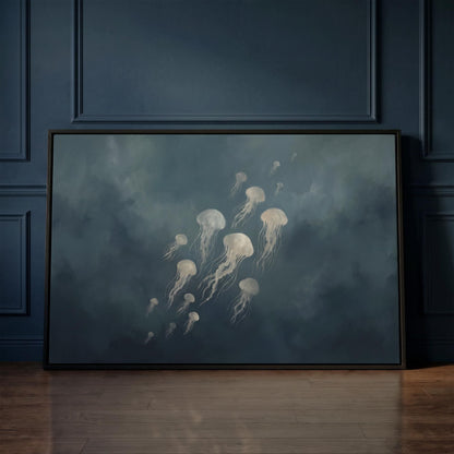 a large painting of jellyfish in the ocean, with a dark blue background and white jellyfish floating in the water.