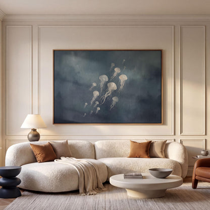 a modern living room with a large, abstract painting of jellyfish hanging on the wall above a white sofa. The room is furnished with a white sofa, a round coffee table, and a lamp.