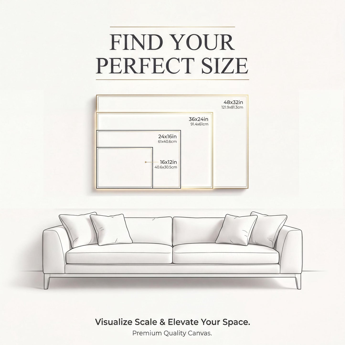 The image is an advertisement for a canvas product that helps visualize scale and elevate space. It features a couch and a painting of a couch, along with size measurements for different canvas sizes.