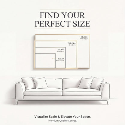 The image is an advertisement for a canvas product that helps visualize scale and elevate space. It features a couch and a painting of a couch, along with size measurements for different canvas sizes.