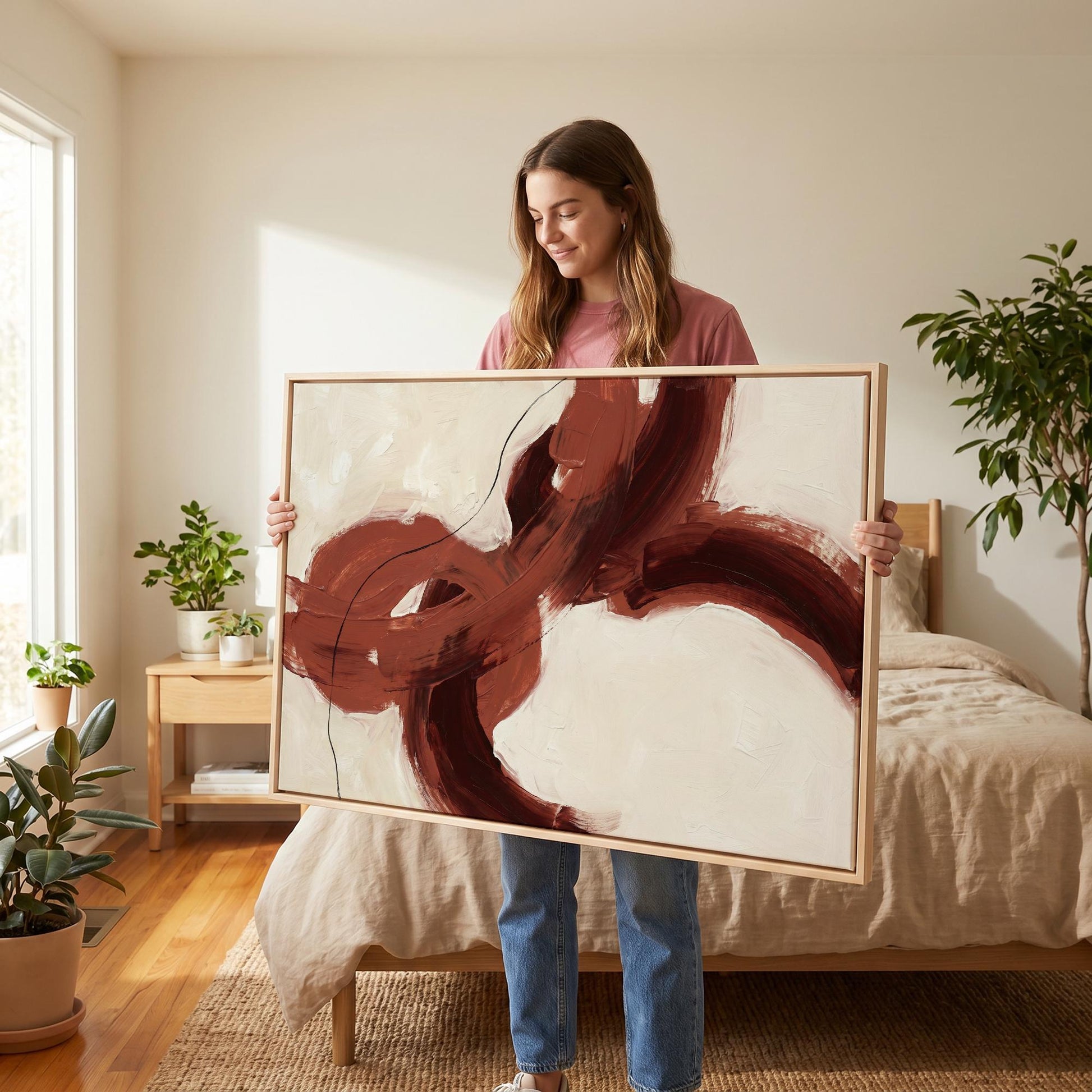 A woman stands in a bedroom holding a large framed abstract painting.