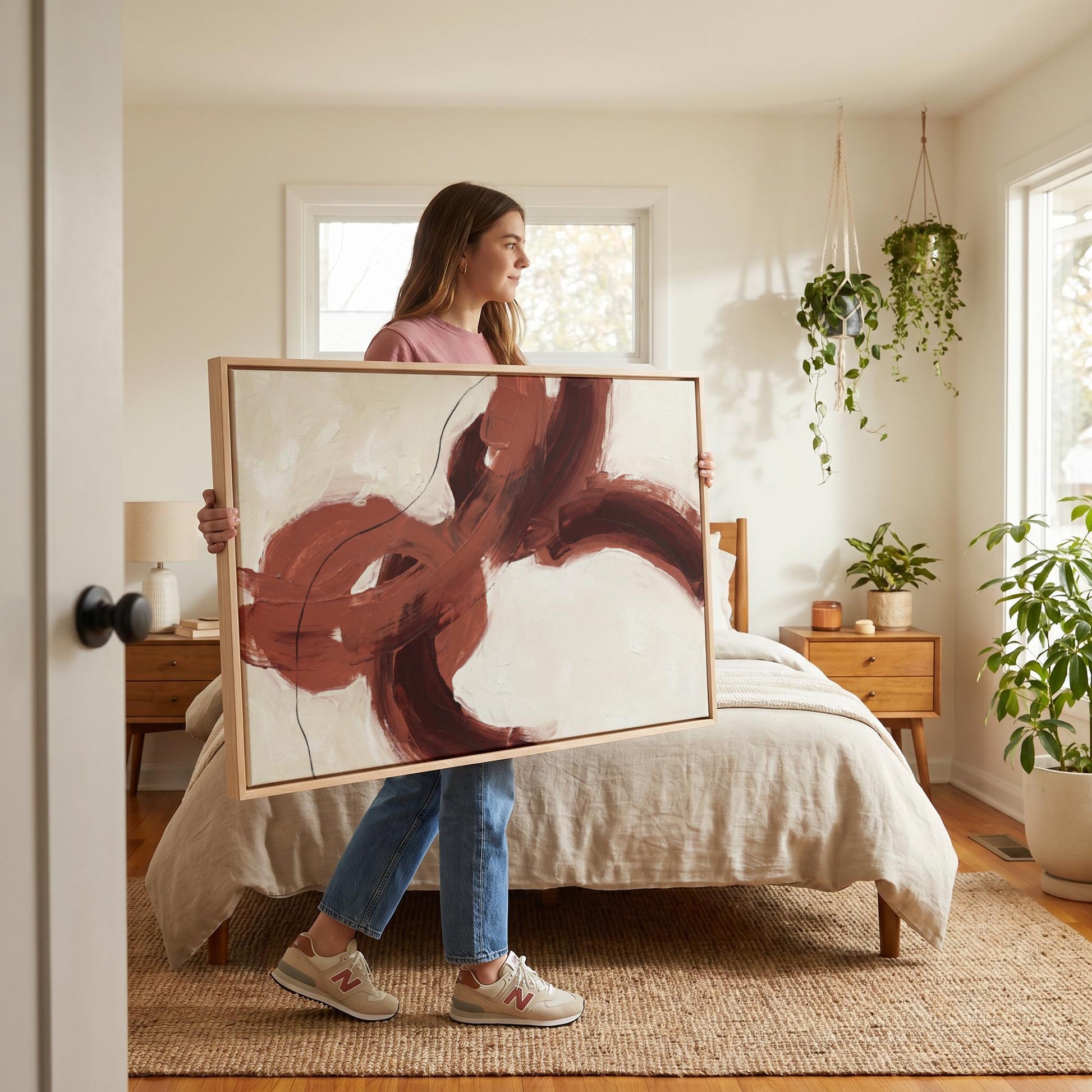 A woman stands in a bedroom holding a large abstract painting, with a bed, nightstand, and potted plants visible in the background.