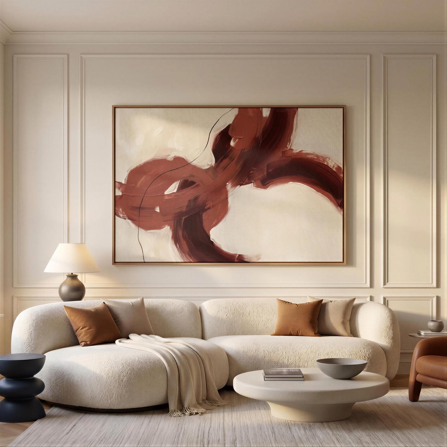 a modern living room with a large abstract painting on the wall above a white sofa. The room has a minimalist and clean design, with a white coffee table in the center and a blue stool on the left side.