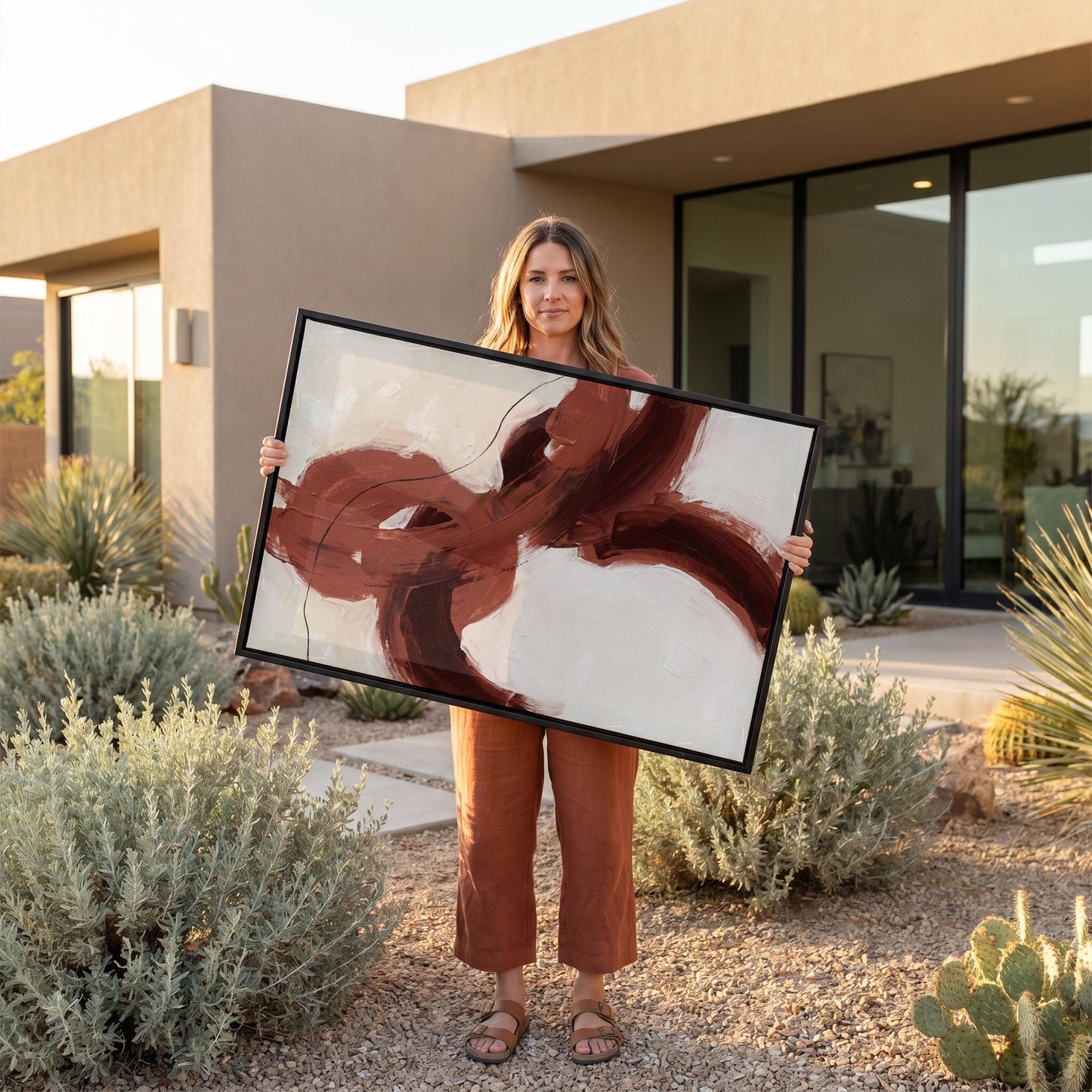A woman stands in a desert-like setting, holding a large framed abstract painting with a brown and white color scheme.
