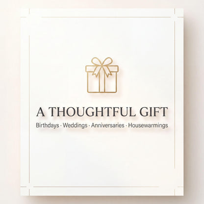 a logo for a company called "A Thoughtful Gift", which offers services related to birthdays, weddings, anniversaries, and housewarming parties.