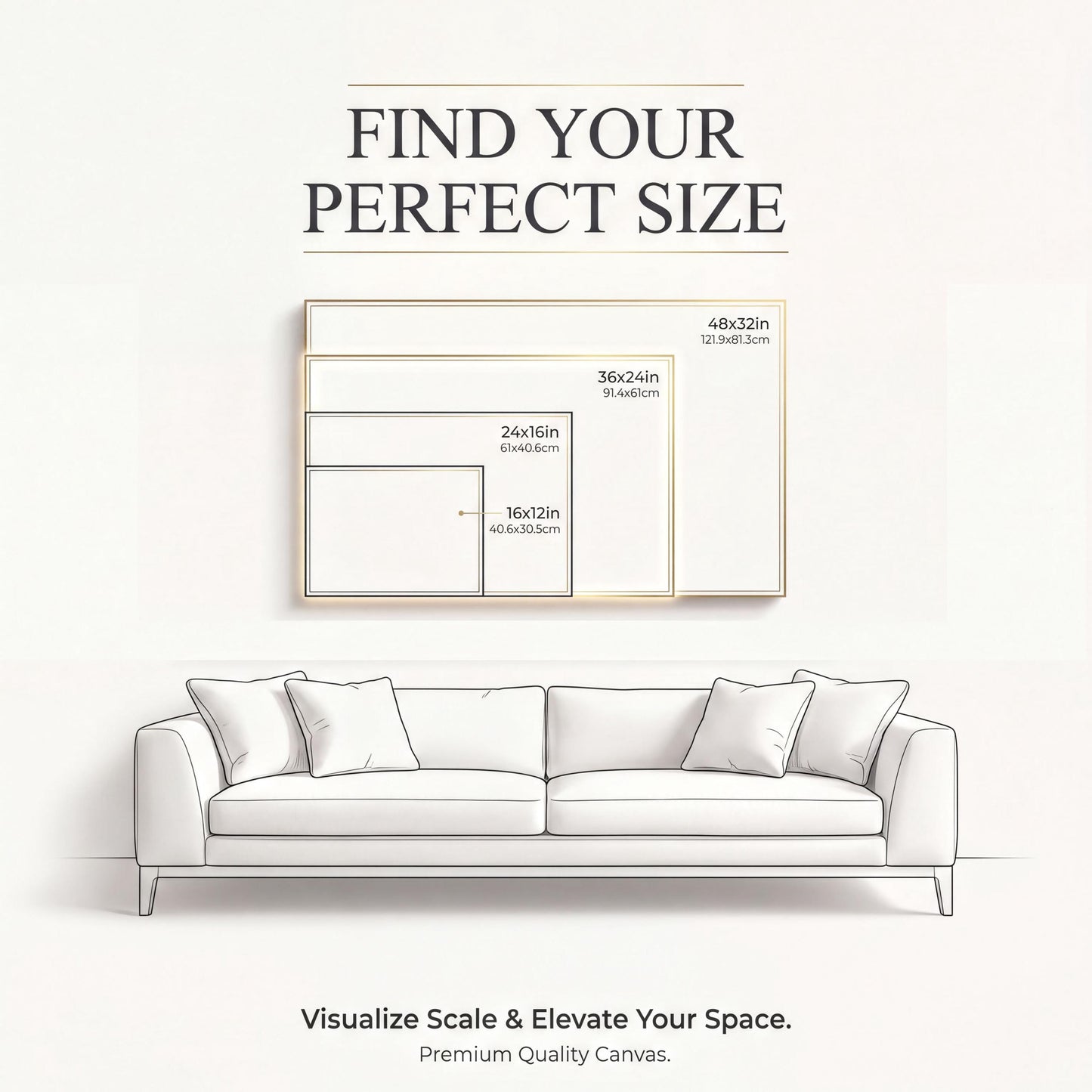 The image is an advertisement for a canvas product that helps visualize scale and elevate space. It features a couch and a painting of a couch, along with size measurements for different canvas sizes.