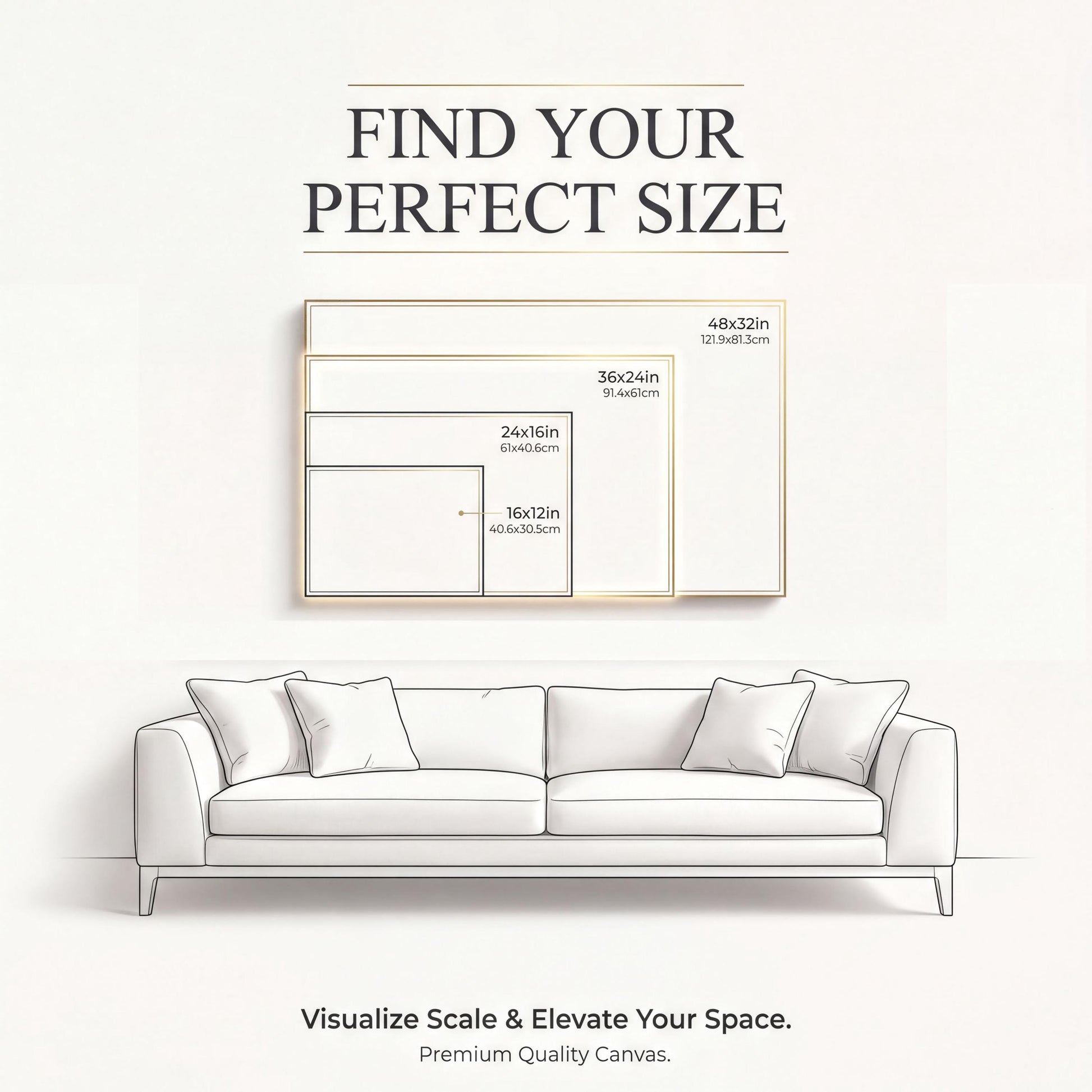 The image is an advertisement for a canvas product that helps visualize scale and elevate space. It features a couch and a painting of a couch, along with size measurements for different canvas sizes.