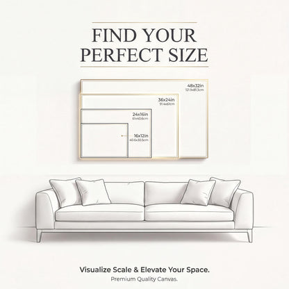The image is an advertisement for a canvas product that helps visualize scale and elevate space. It features a couch and a painting of a couch, along with size measurements for different canvas sizes.
