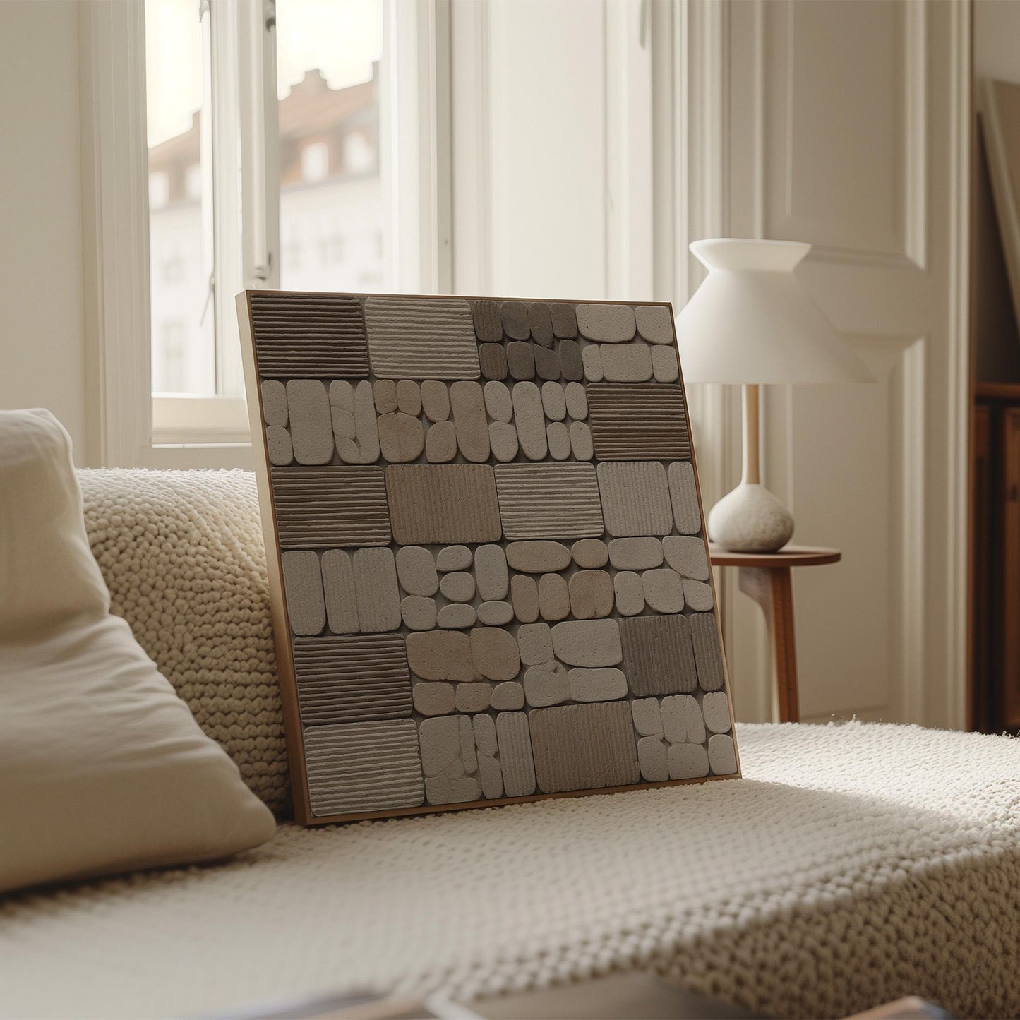 a large, square-shaped artwork with a geometric pattern of various shades of gray and white, displayed on a bed with a white blanket.