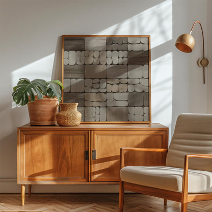 a cozy living room with a wooden cabinet, a comfortable chair, and a large abstract painting on the wall.