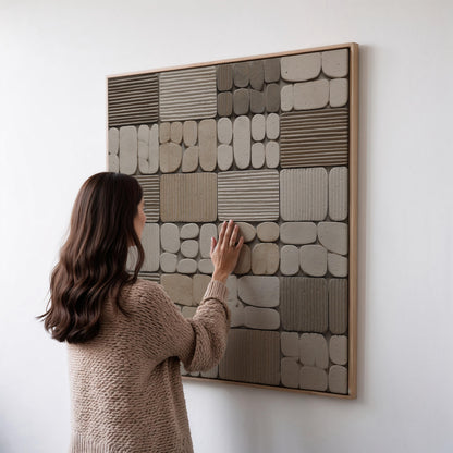 A woman in a brown sweater is standing in front of a large abstract wall art piece composed of various shapes and textures, including squares, rectangles, and circles.