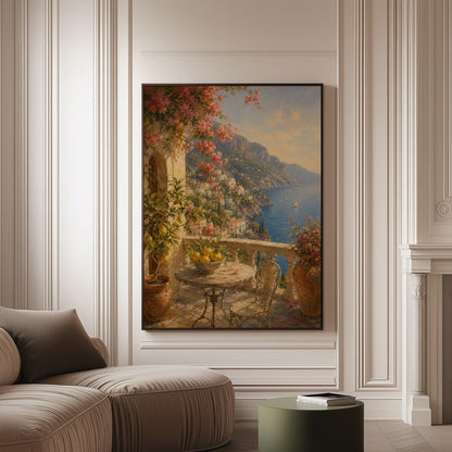 Amalfi coast terrace painting with lemons and bougainvillea, canvas print on a softly lit wall in a calm interior