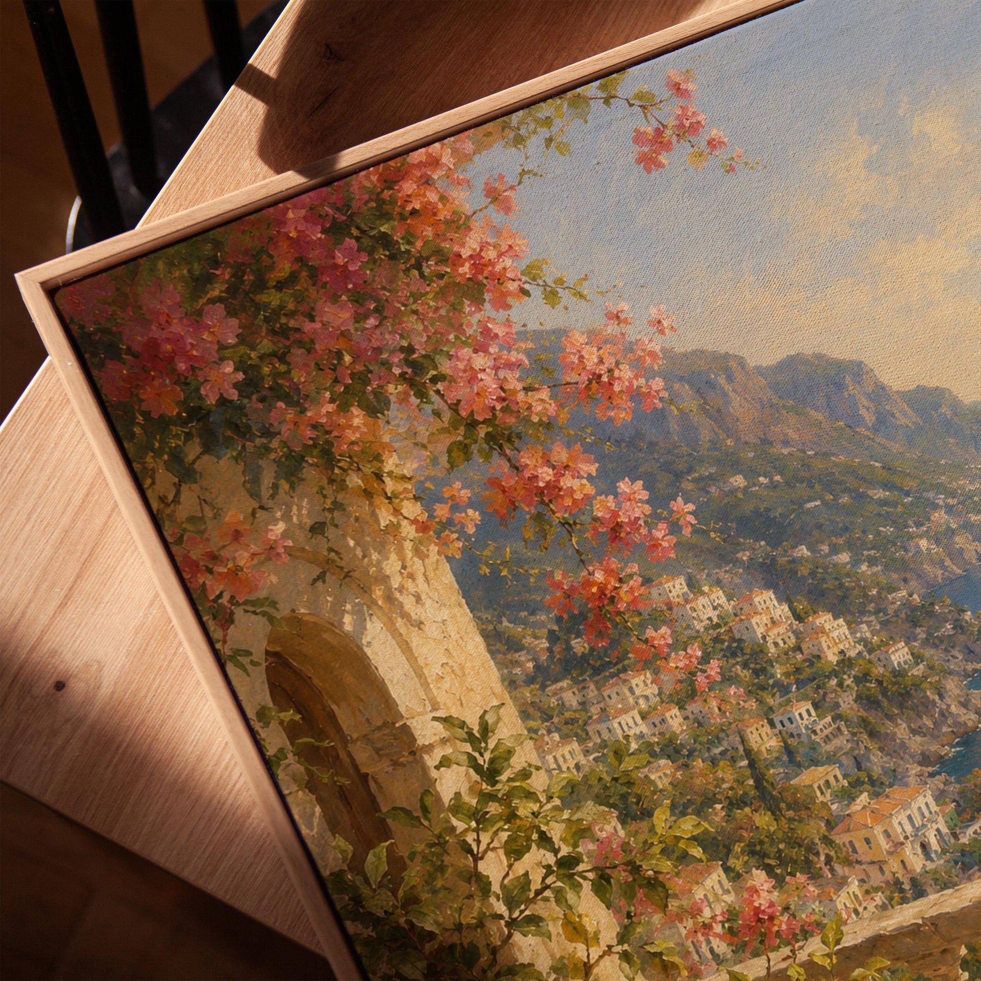 Amalfi coast terrace painting with lemons and bougainvillea, canvas print in a warm, minimally styled interior