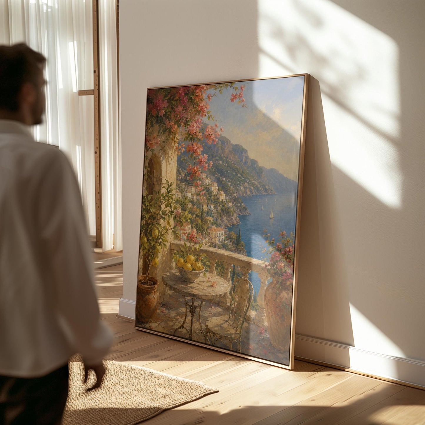Amalfi coast terrace painting with lemons and bougainvillea, canvas print shown to scale in a furnished room