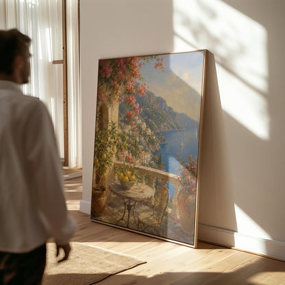 Amalfi coast terrace painting with lemons and bougainvillea, canvas print shown to scale in a furnished room