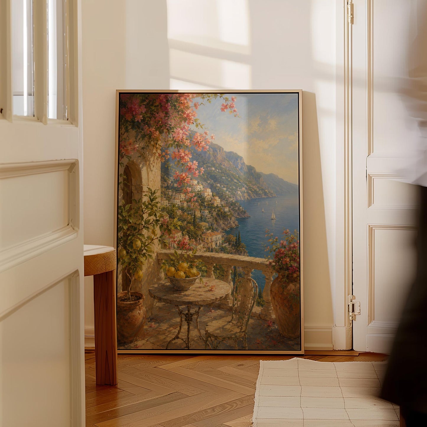 Amalfi coast terrace painting with lemons and bougainvillea, canvas wall art on a quiet wall in a considered interior