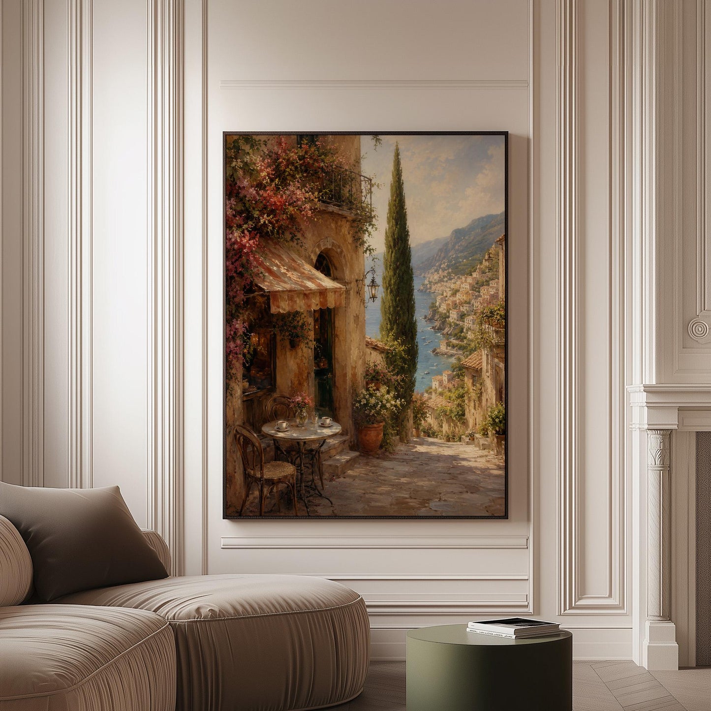 Italian village cafe painting with striped awning and coastal view, canvas print on a softly lit wall in a calm interior