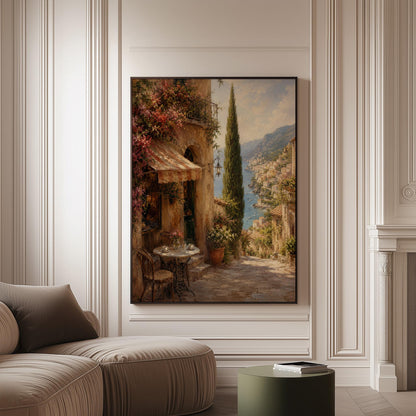 Italian village cafe painting with striped awning and coastal view, canvas print on a softly lit wall in a calm interior