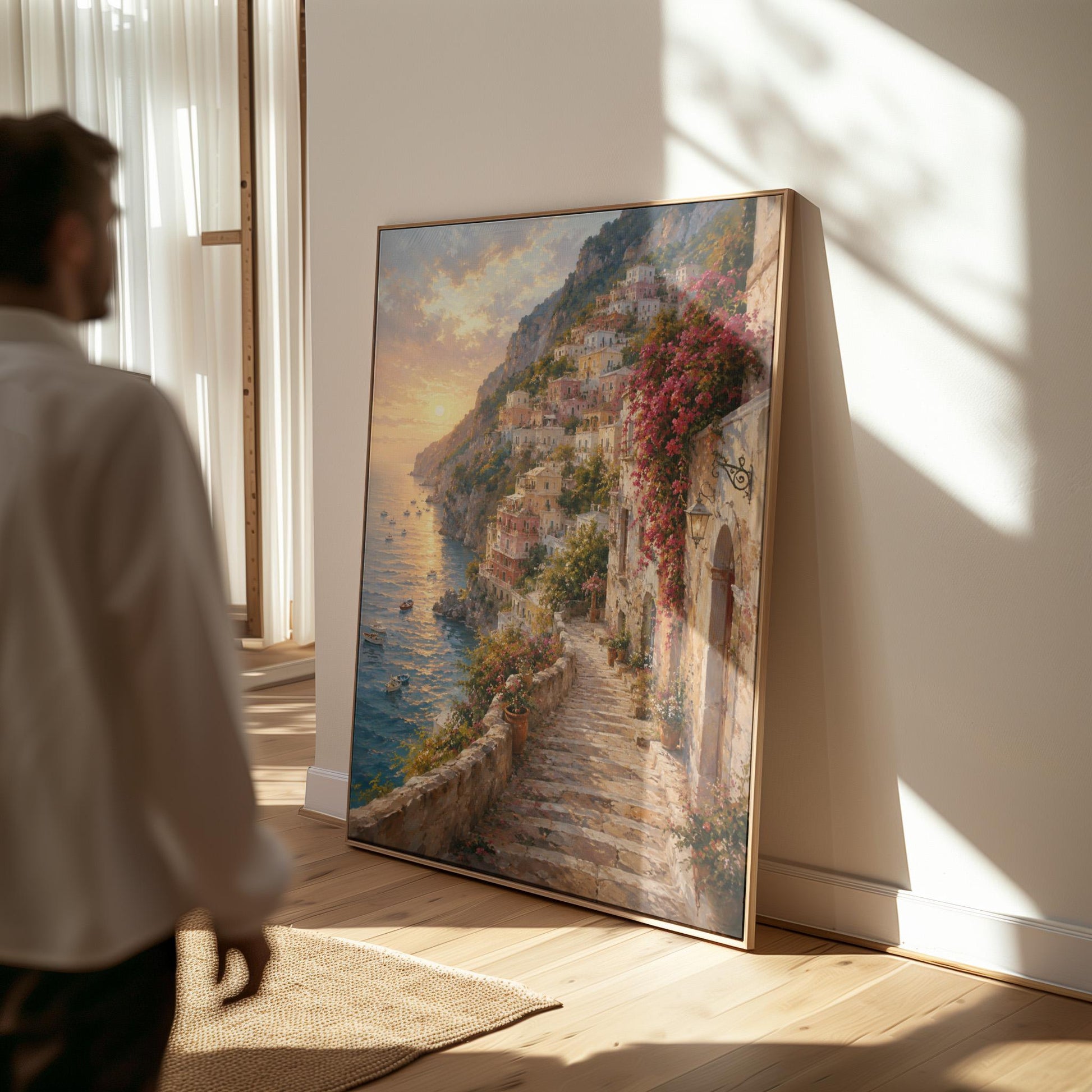 Amalfi coast sunset painting with stone path and bougainvillea, canvas print presented in a light, minimal room