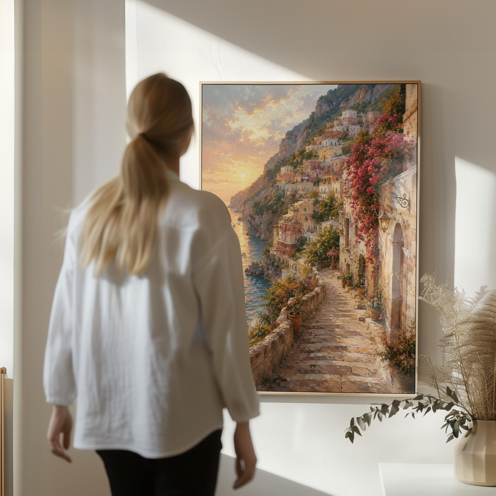 Amalfi coast sunset painting with stone path and bougainvillea, canvas print on a quiet wall in a considered interior