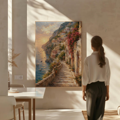 Amalfi coast sunset painting with stone path and bougainvillea, canvas print shown in a sunlit, contemporary room