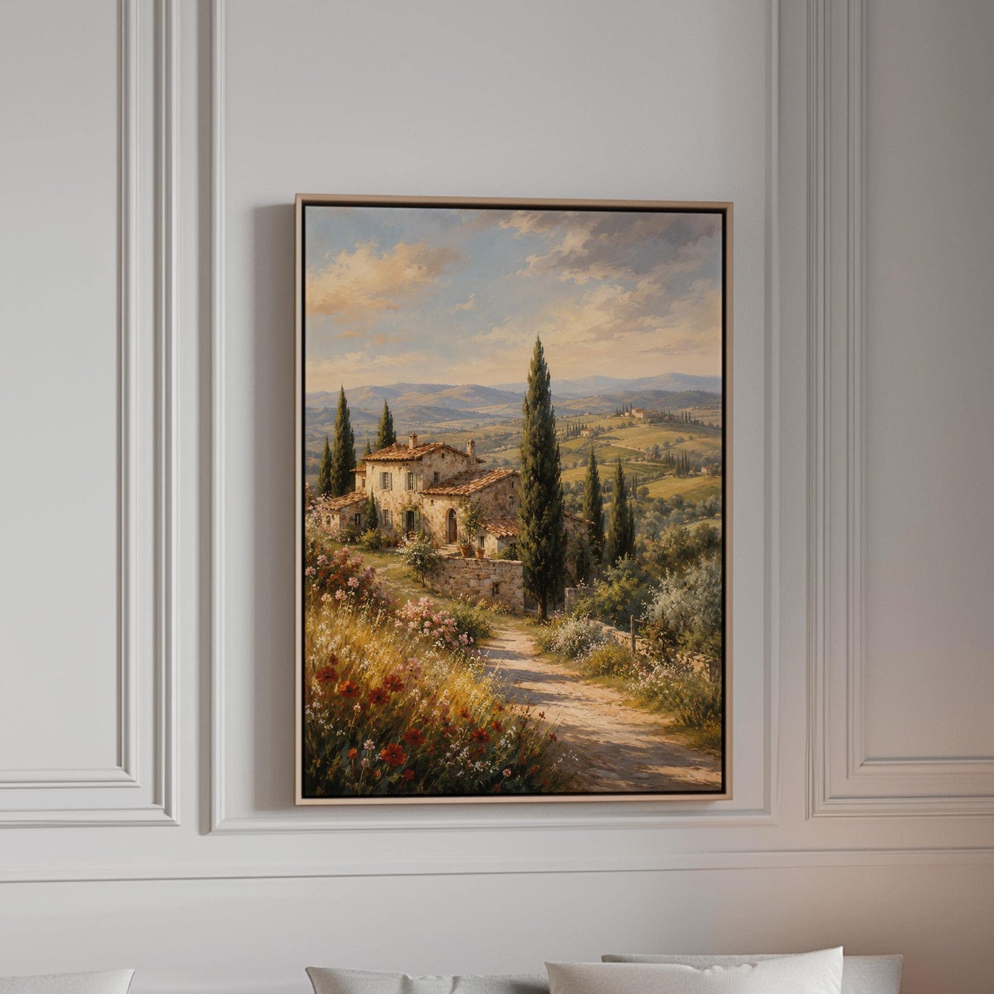 Tuscan farmhouse landscape with cypresses and poppies, canvas print in a bright room with natural daylight