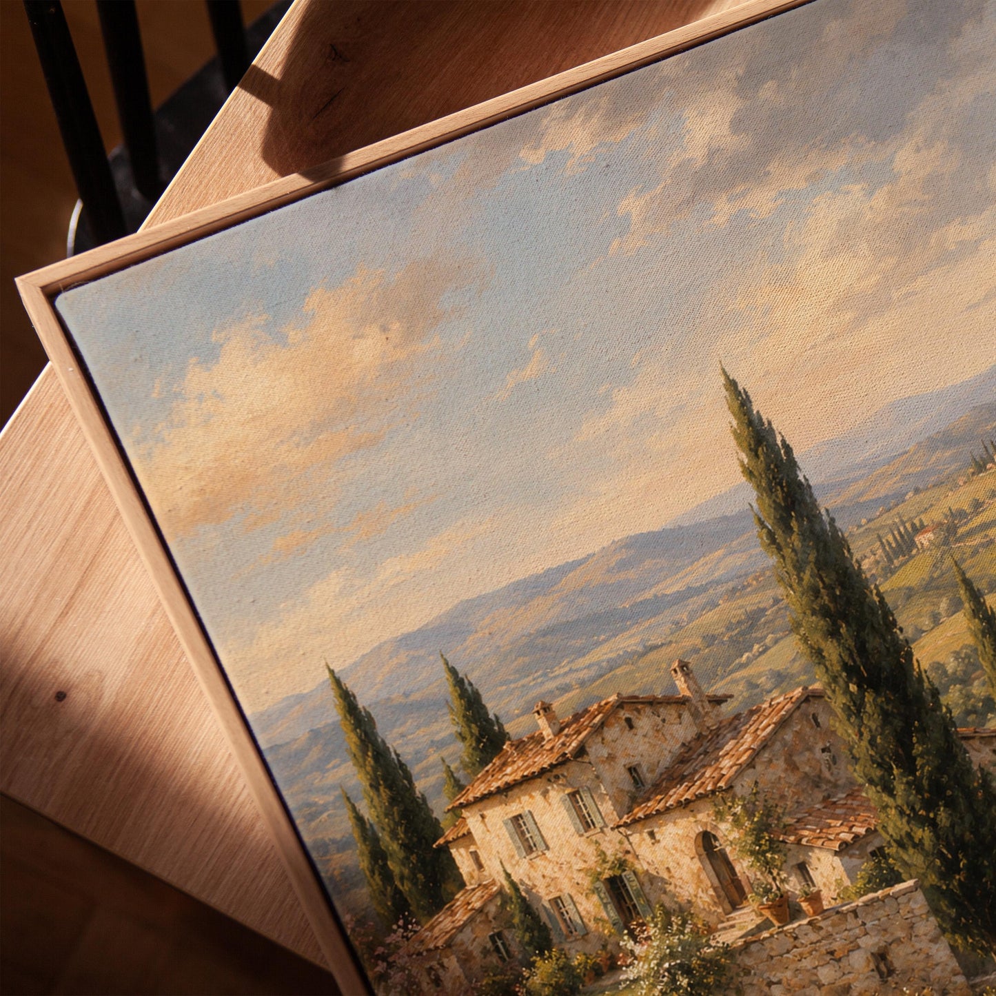Tuscan farmhouse landscape with cypresses and poppies, canvas print in a warm, minimally styled interior