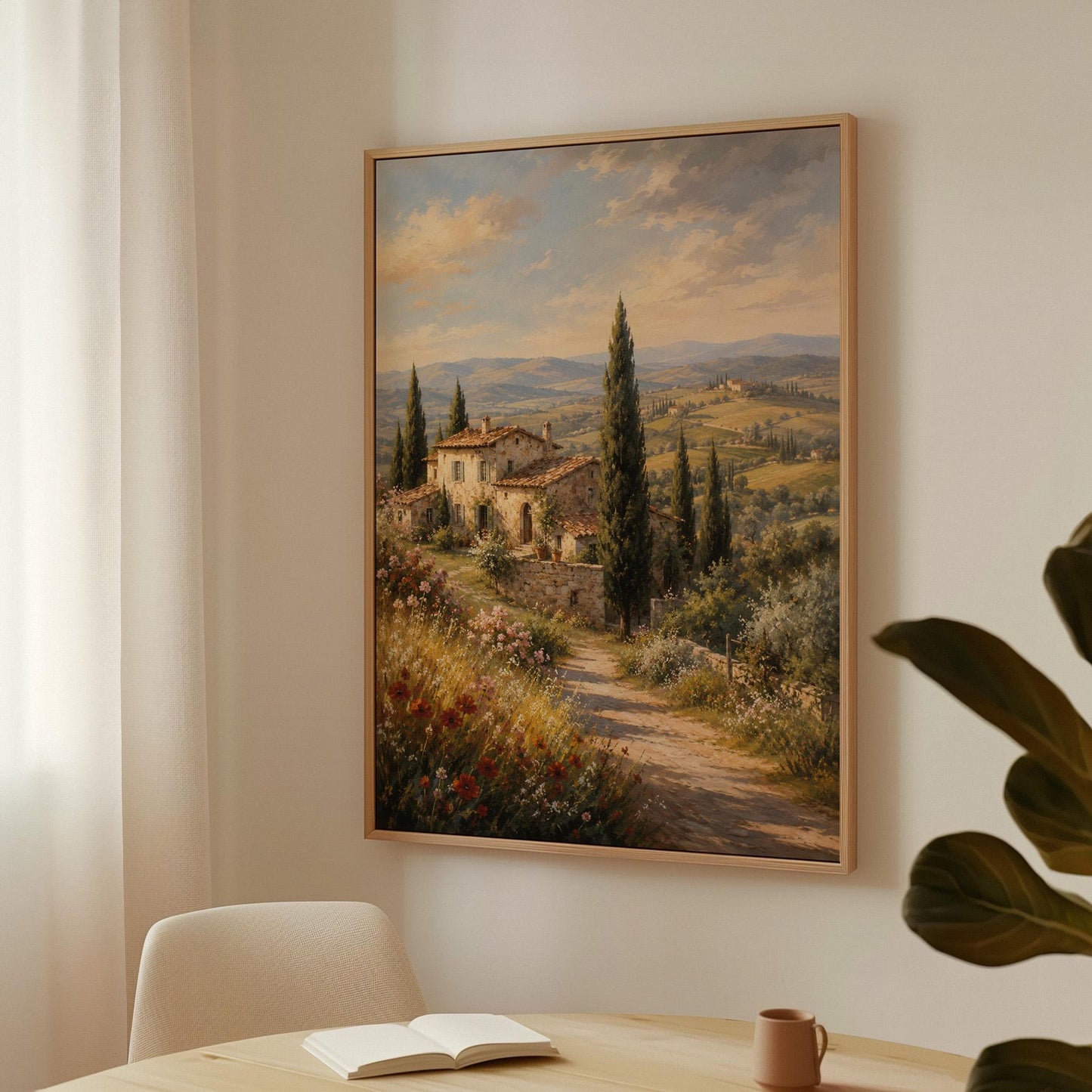Tuscan farmhouse landscape with cypresses and poppies, canvas print hanging in a calm, modern living space