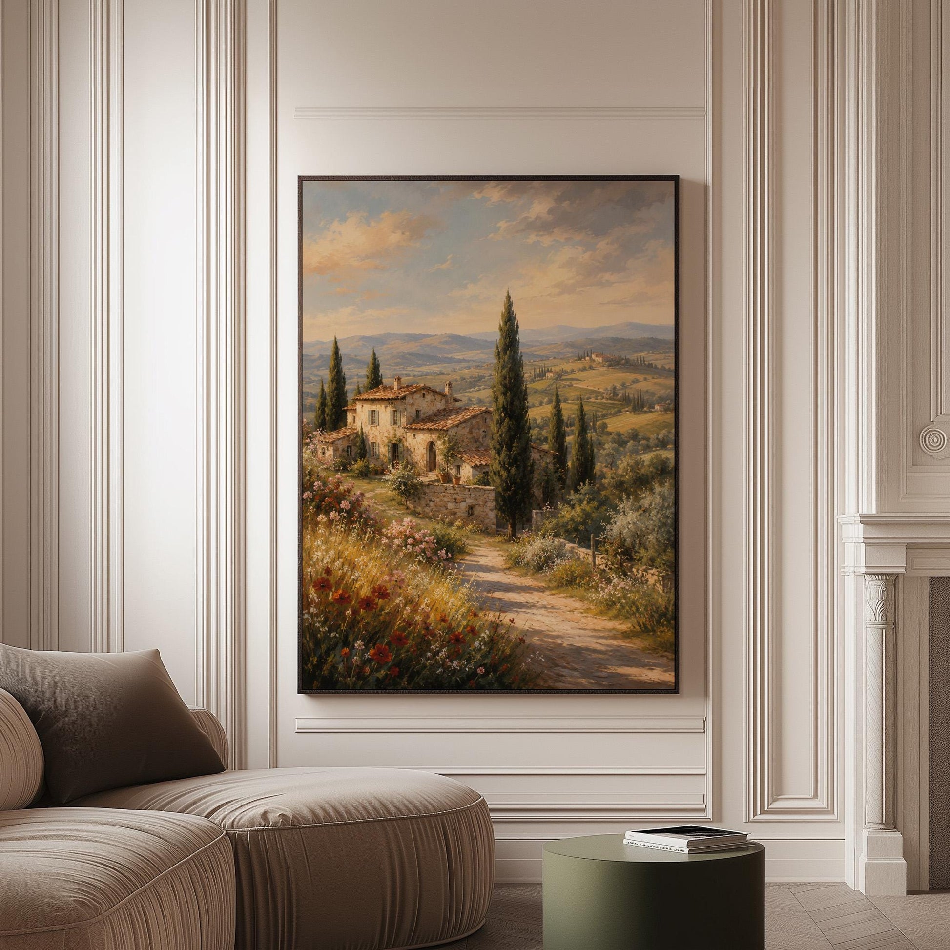 Tuscan farmhouse landscape with cypresses and poppies, canvas print on a softly lit wall in a calm interior