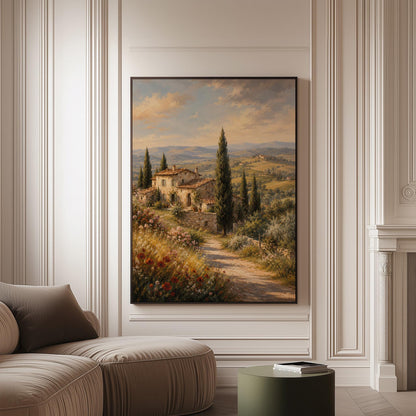 Tuscan farmhouse landscape with cypresses and poppies, canvas print on a softly lit wall in a calm interior