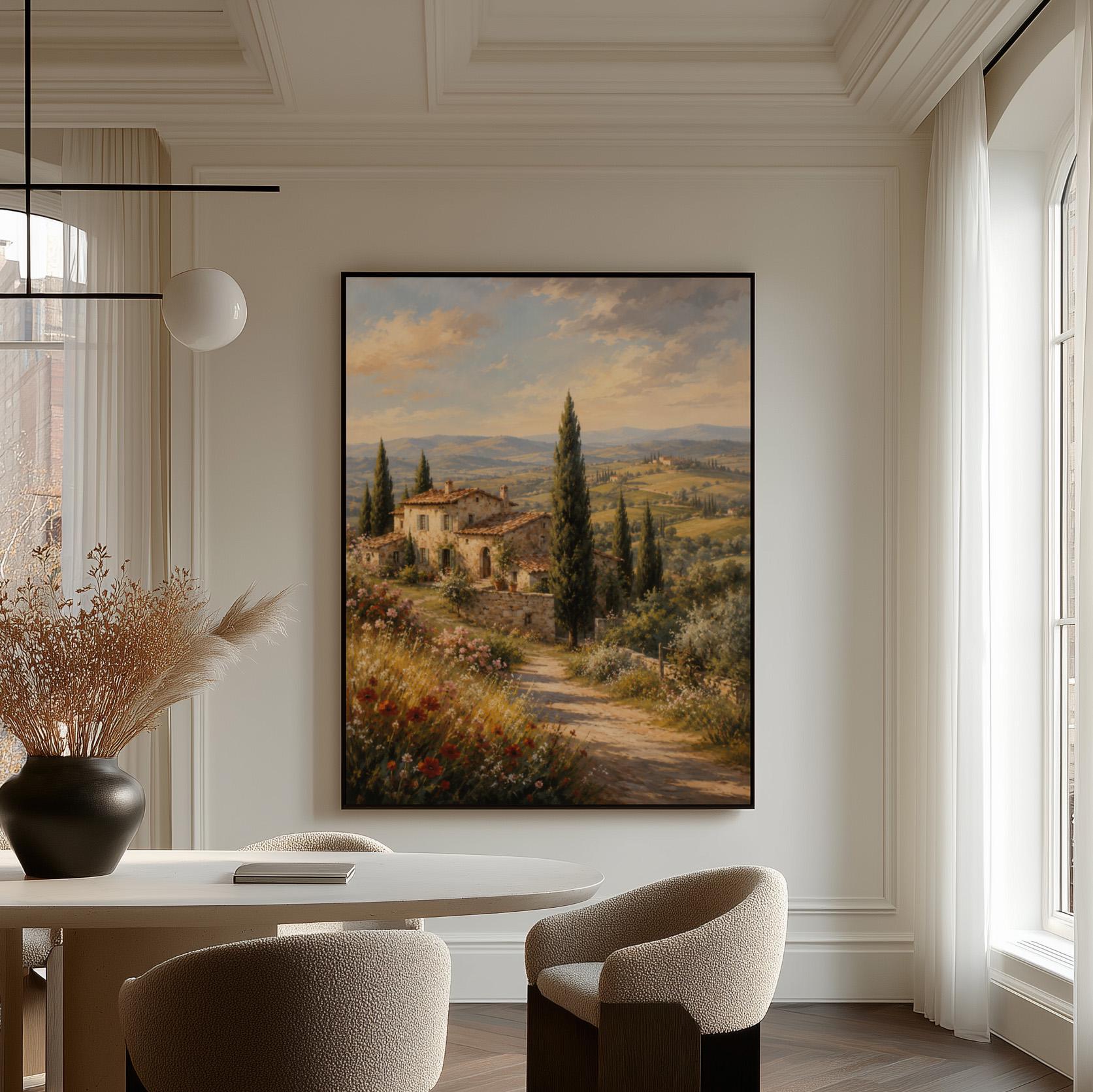 Tuscan farmhouse landscape with cypresses and poppies, canvas wall art styled against a soft white wall
