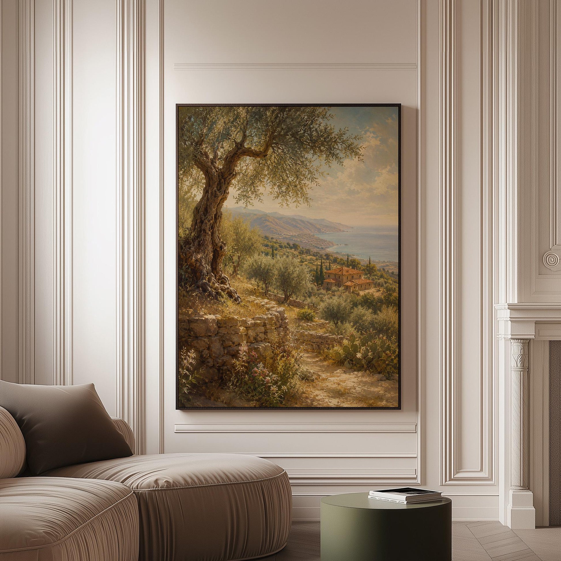 Old olive tree over a Mediterranean coastline, canvas print on a softly lit wall in a calm interior