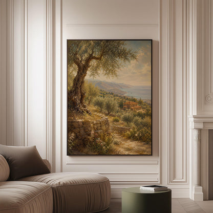 Old olive tree over a Mediterranean coastline, canvas print on a softly lit wall in a calm interior