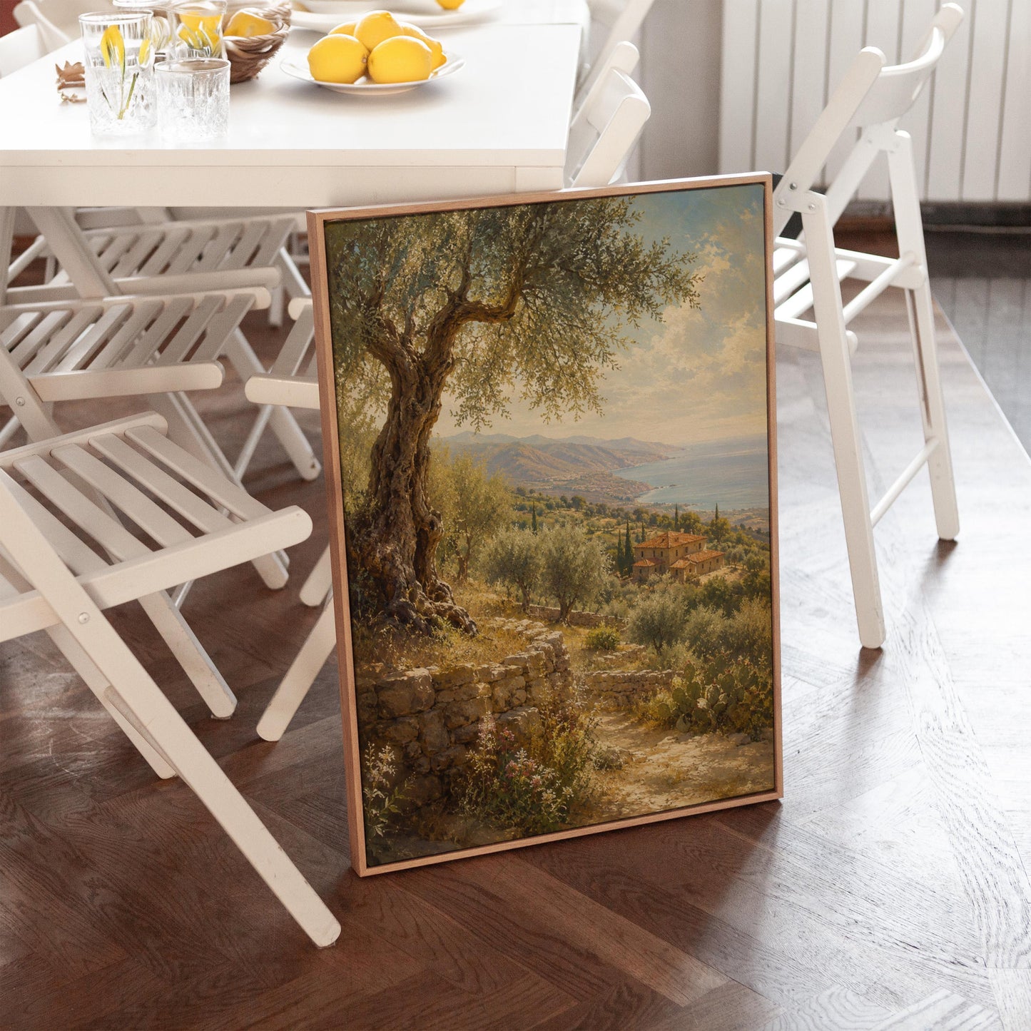 Old olive tree over a Mediterranean coastline, canvas print hanging in a calm, modern living space