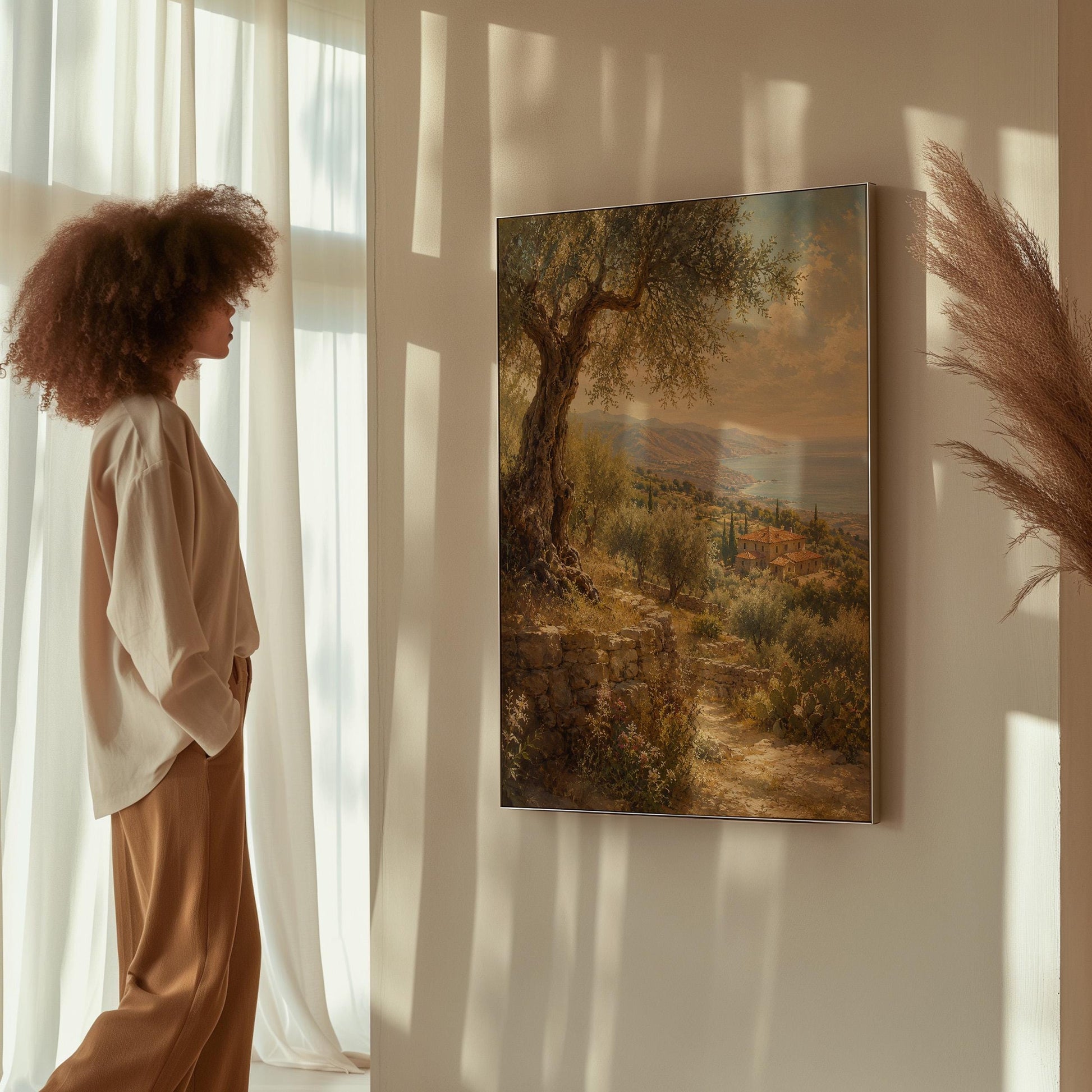 Old olive tree over a Mediterranean coastline, canvas print styled against a soft white wall