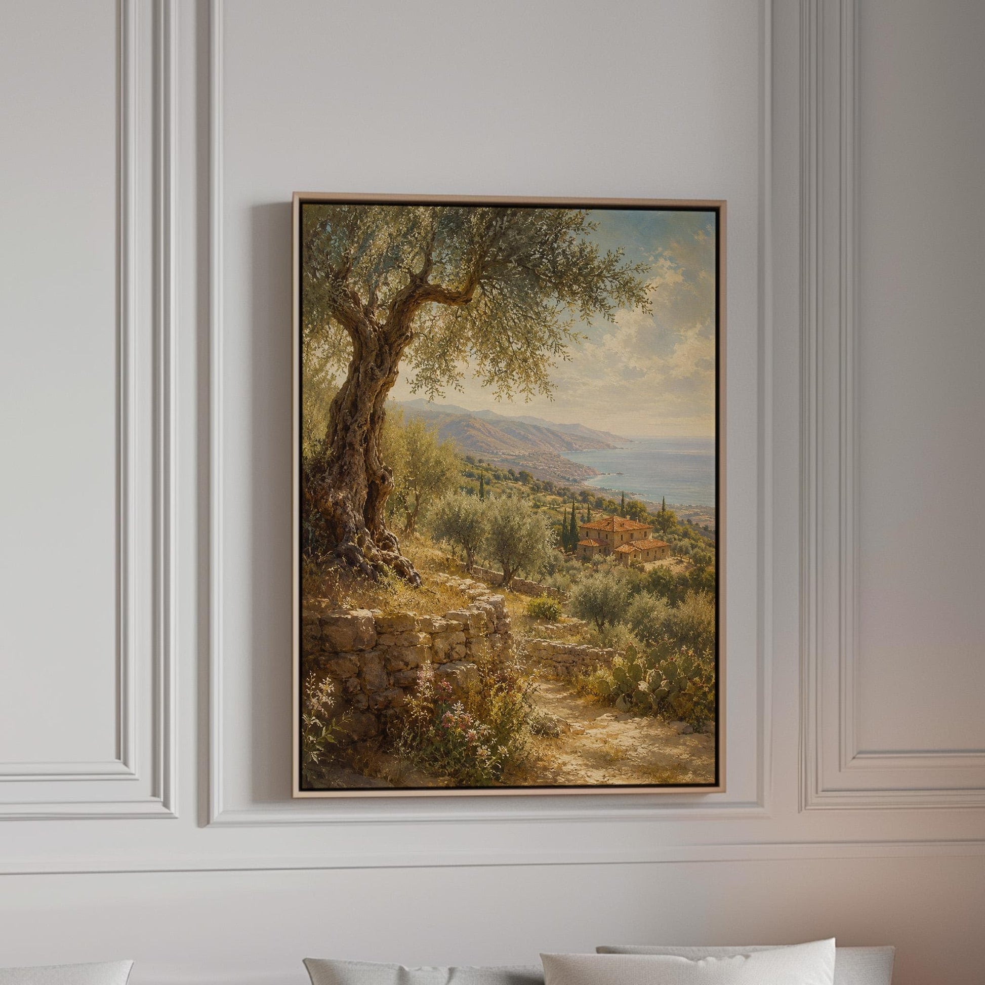 Old olive tree over a Mediterranean coastline, canvas print in a bright room with natural daylight