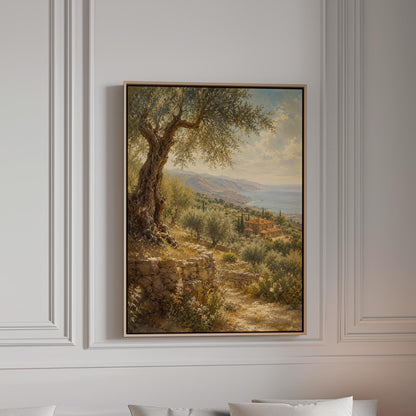 Old olive tree over a Mediterranean coastline, canvas print in a bright room with natural daylight