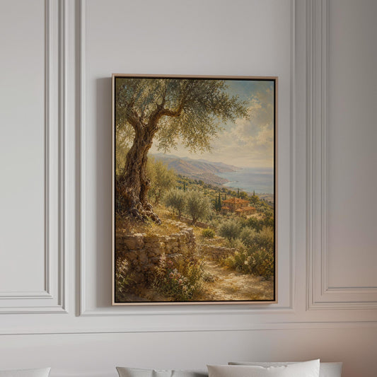 Old olive tree over a Mediterranean coastline, canvas print in a bright room with natural daylight