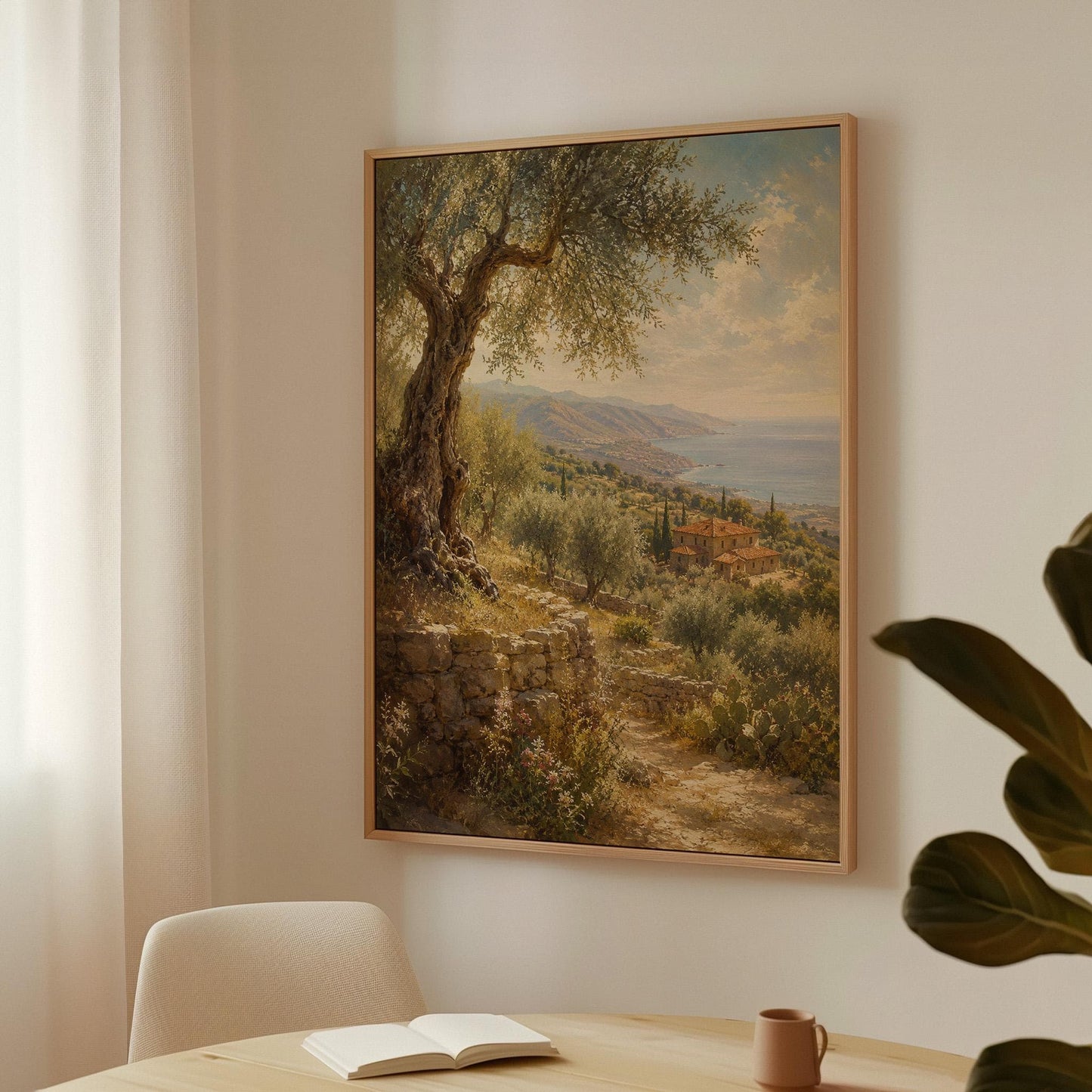Old olive tree over a Mediterranean coastline, canvas print on a quiet wall in a considered interior