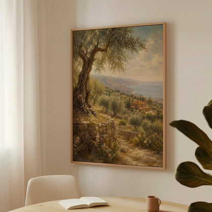 Old olive tree over a Mediterranean coastline, canvas print on a quiet wall in a considered interior